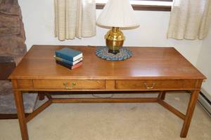 9 - Wooden Desk with Vintage Bibles, Table Lamp, and Knit Mat