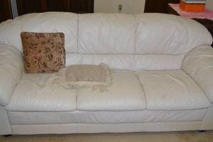9 - White Pleather Couch with Pillows