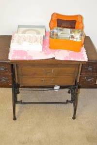 9 - Vintage 1970s Sewing Table with Expanding Hidden Sewing Machine, with Sewing Supplies