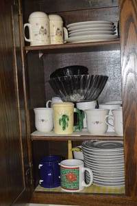 9 - Cabinet Contents - Assorted Plates, Cups, Kitchenware