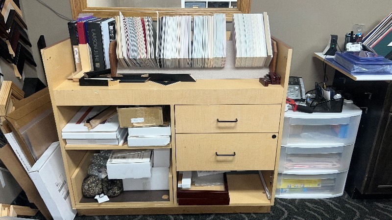Retail DisplayWork Table with open storage shelves and 2 drawers