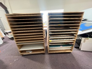 2 Rolling Horizontal Art or Document Shelves for flat storage, on wheels. Shelves slide out. 42 L x 24 W X 64 H