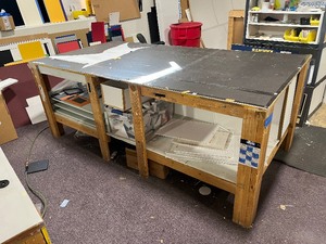 Solid Wood Worktable with 34 Plywood Top.  Measures 96 L X 48 W X 36 H
