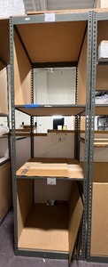 Metal Storage Rack with fiberboard shelves. Measures approx 30 w X 30 d x 96 H