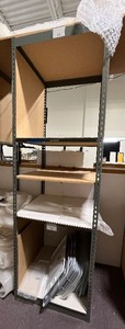 Metal Storage Rack with fiberboard shelves. Measures approx 30 w X 30 d x 96 H
