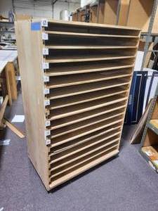 Rolling Horizontal Art or Document Shelves for flat storage, on wheels. Shelves slide out. Measures approx 42 L x 24 W X 64 H.