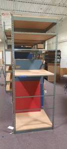 Metal Storage Rack with fiberboard shelves. Measures approx 96 H x 36 D X 36 W