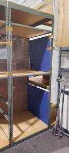Metal Storage Rack with fiberboard shelves. Measures approx 96 H x 36 D X 36 W. Pegboard is included measures 96 x 48