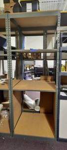 Metal Storage Rack with fiberboard shelves. Measures approx 96H x 36 D X 36 W