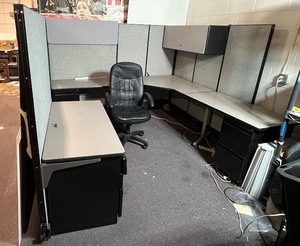 Modular System Corner Cubicle w Files, Adjustable Chair. Divider Walls measures 48 w x 67 H. Table is 48 w x 24 d x 30 H