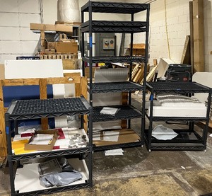 (3) Heavy Duty Connect-a-shelf organizers. Shelves are ventilated. Measuring 36 L x 24 D X 88 H, 40 H and 38H.