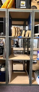 Metal Storage Rack with fiberboard shelves. Measures approx 30 w X 30 d x 90 H