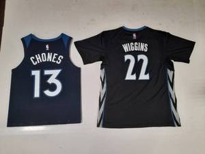 (2) Minnesota Timberwolves Basketball Jerseys Chones #13 and Wiggins #22. Label reads Adidas Swingman NBA
