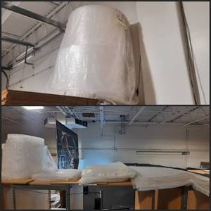Large rolls of bubble cushioning bubble wrap, larger size bubbles.  Sheets of package cushioning. Cardboard shipping boxes