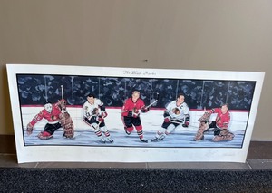 22x46 framed lithograph The Blackhawks Paul Madden lithograph. five signatures Esposito, Mikita, Bobby Hull, Pierre Pilote,  Hall.