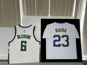 Basketball Bledsoe Jersey 22 x 27 H and Baseball Hiura Pinstripe Uniform Shirt 30 w x 32 H.