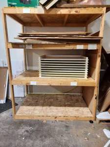 2x4 Wood Shelf Measures 75 L x 48 D x 92 H. Stacking Horizontal Trays made of High-density polyethylene, measures 45 L x 31 D