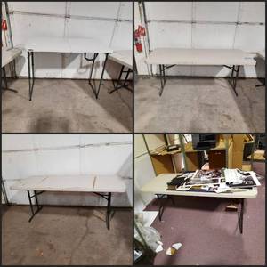 (4) Folding Tables. 3 Made by Lifetime 1 by Samsonite. Measurements (2) 72L x 30D X 29H. 48L x 24D x 36H 72L x 29.5D X 29H.