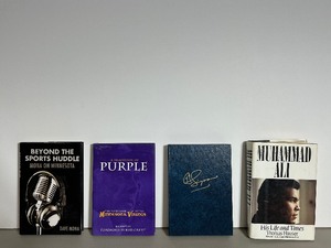(4) Autographed Books. Dave Mona Beyond the Sports Huddle Jim Bruton A Tradition of Purple O J Simpson LE 23283000 Thomas Hauser Mohammad Ali