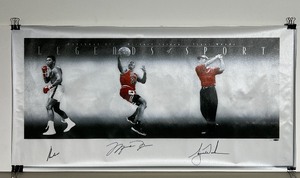 Signed Legends of Sports Mohammad Ali, Michael Jordan, Tiger Woods mixed media artwork on fabric-like paper. 25 w x 13 H