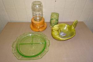 Homemade Gumball Machine with Tray, Owl Statue and Plate