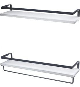 Set of 2 Large Rustic White Floating Wall Shelves with Rails 25x5.75