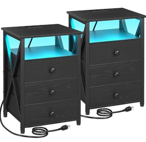 Amhancible Set of 2 Night Stand with LED and Outlet -Black