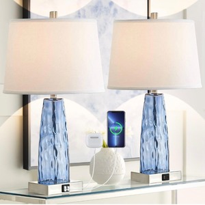 Set of 2 Blue Glass Table Lamp with USB & USBC