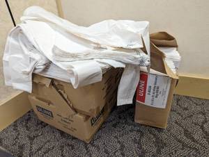 2 cases 10 x 6 x 21 t-shirt bags and mostly full case of 4#-5 x 3.25 x 9.75 white grocery bags