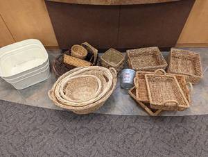 Beautiful bundle of Wicker Rattan Baskets and shabby chick painted metal wash basin