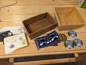 Wood and Wicker boxes plus assorted cards, stickers and embroidered ornaments