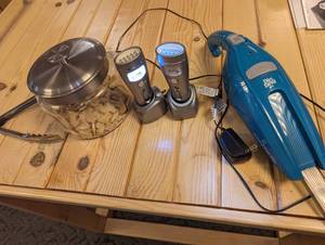 Rechargable LED flashlights with bases, Glass and metal cookie jar, Dirt Devil Easylite 7.2v hand vac and salad tongs