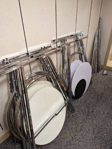 (5) Metal framed round and crossbar retail display units with Melanine board floating style shelf approximately 30