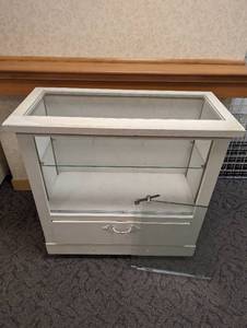 Vintage Shabby Chic dresser style wood framed retail display with adjustable glass tier shelf and top