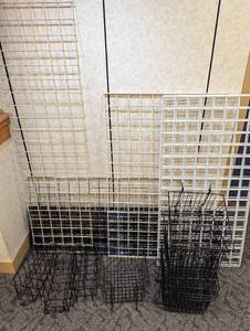Large lot of black and white coated wire display wall sections, baskets and more