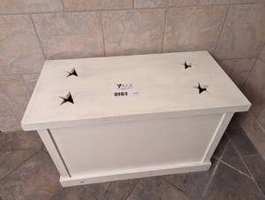 Off-white painted Toy or Storage chest with star shaped cut outs. Lot includes an assortment of cleaning agents and supplies
