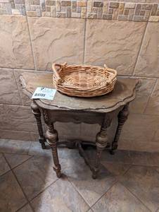 Vintage decorative Shabby Chic painted rounded hallentry table with Wicker Rattan Basket