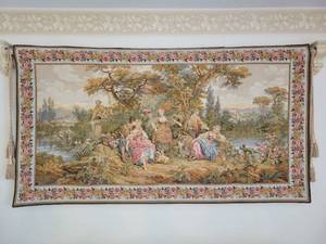 lot 44 image: Pastoral Scene Tapestry Wall Hanging by GOBELINS, 75 x 160 cm