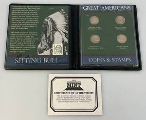 lot 56 image: First Commemorative Mint Great Americans Coins & Stamps Sitting Bull With COA In Holder