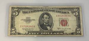 lot 59 image: 1953 C Red Seal  $5 Dollar Bill (In Holder)