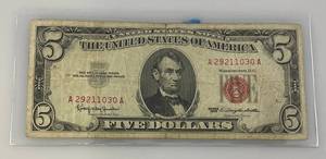 lot 64 image: 1963  Red Seal  $5 Dollar Bill (In Holder)