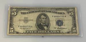 lot 66 image: 1953 A $5 Dollar Silver Certificate In Top Loader