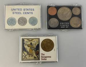 lot 74 image: Misc. U.S. Coin Sets Including Sacagawea Dollar, 1971 Mint Set & Steel Cents In Cases