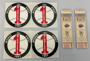 lot 110 image: 1991 Twins American League Championship Ticket Stubs & Worst To First Stickers (In Protective Bags)