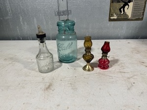 lot 64 image: Aqua Ball Ideal Jar pat d July 14, 1908, Vintage Mogen David glass bottle, Two Small Kerosene Lamps