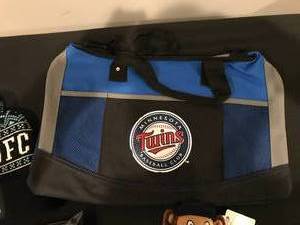 MN TWINS STADIUM GIVEAWAY LOT - TWINS BLANKET, TC BEAR -BULID A BEAR- TWINS DUFFEL BAG, MNUFC STOCKING HAT ALL NEW