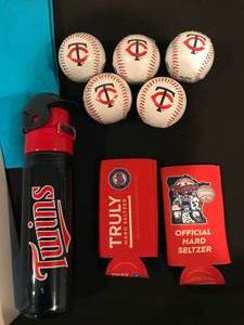 MN TWINS STADIUM GIVEAWAY LOT - TWINS COOZIES, WATER BOTTLE, MNUFC STOCKING HAT, 2 LARGE BAGS, 5 BASEBALLS  ALL NEW