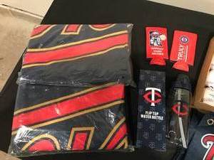 MN TWINS STADIUM GIVEAWAY LOT - TWINS COOZIES, WATER BOTTLE, 12 BASEBALLS, 2 BLANKETS, LIFE SIZE JOE MAUER HEIGHT BANNER   ALL NEW