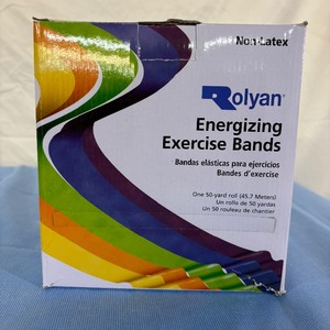 lot 54 image: MSRP $250 1 Box Rolyan 5613-17 4 x 50 yd. Non-Latex Energizing Physical Therapy Rehabilitation Workout Exercise Bands - Medium Lime Green