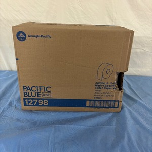 lot 77 image: 1 Case (8 rolls each) NEW Georgia-Pacific GP Pro 12798 3.5 x 1000 ft. Pacific Blue Basic Jumbo Jr. 2-Ply High-Capacity Toilet Paper Wipes - White (dented box)